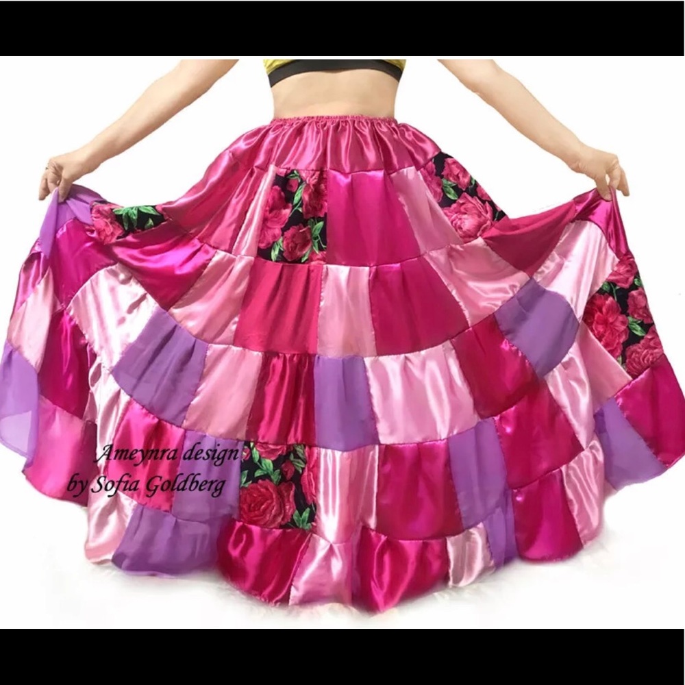 Pink satin chiffon maxi skirt, patchwork. Size M